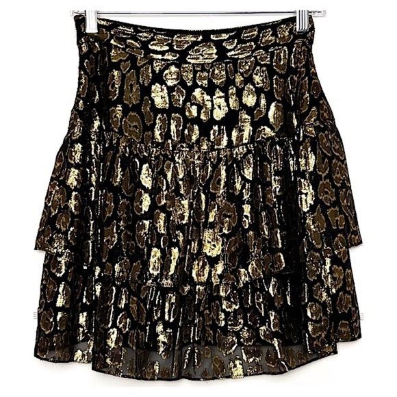 ALICE + OLIVIA Silk Metallic Shimmer Leopard Jacquard Ruffle Tier Mini Skirt 0 - Picture 6 of 9
